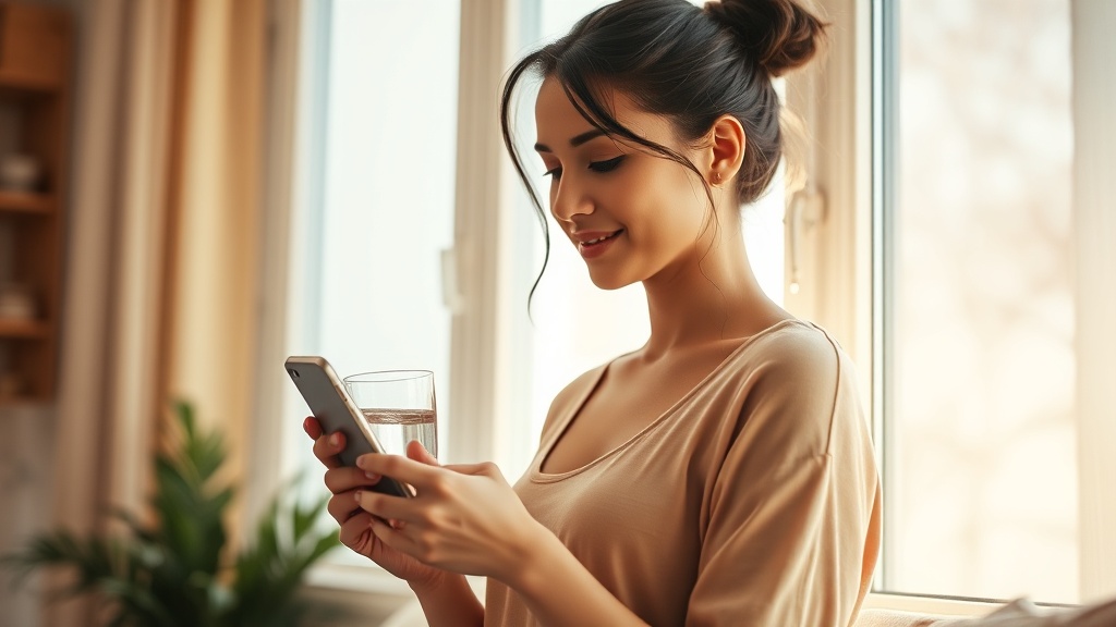 Kobieta w domu przy oknie z telefonem i szklanką wody